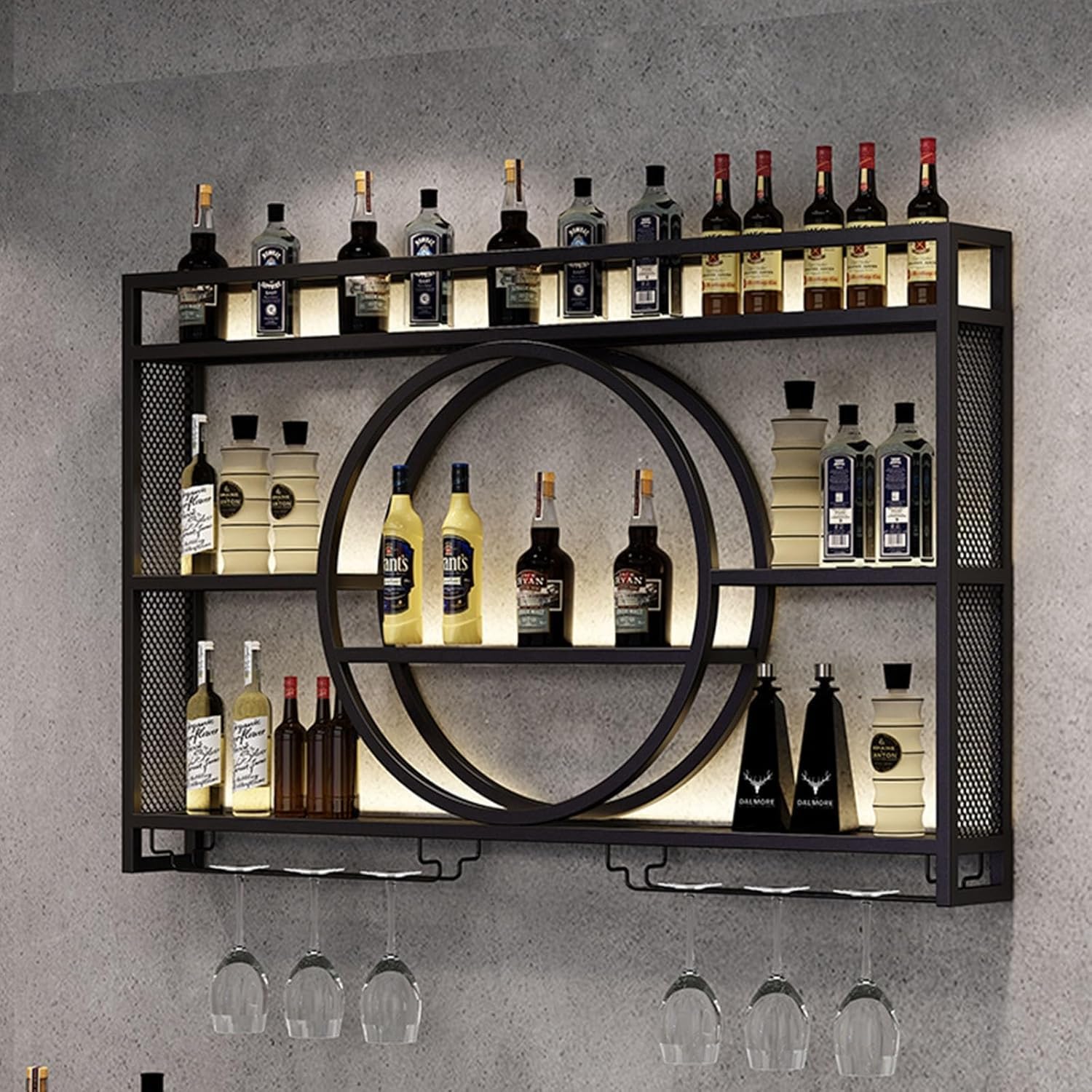 Generisch Wandmontierte Weinregale, 140 × 80 × 15 cm, Schwarz, Weinregal Wand Metall, Bar Regal mit Weingläserhalter, Home Bar und Restaurant