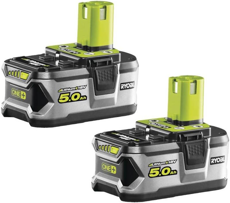 Ryobi 18 V ONE+ Elektrowerkzeug-Akku-Set mit 2 × 5,0 Ah Lithium+ Akkus RB18LL50F12, Werkzeugakkus mit Überlastschutz und Akku-Ladestandsanzeige