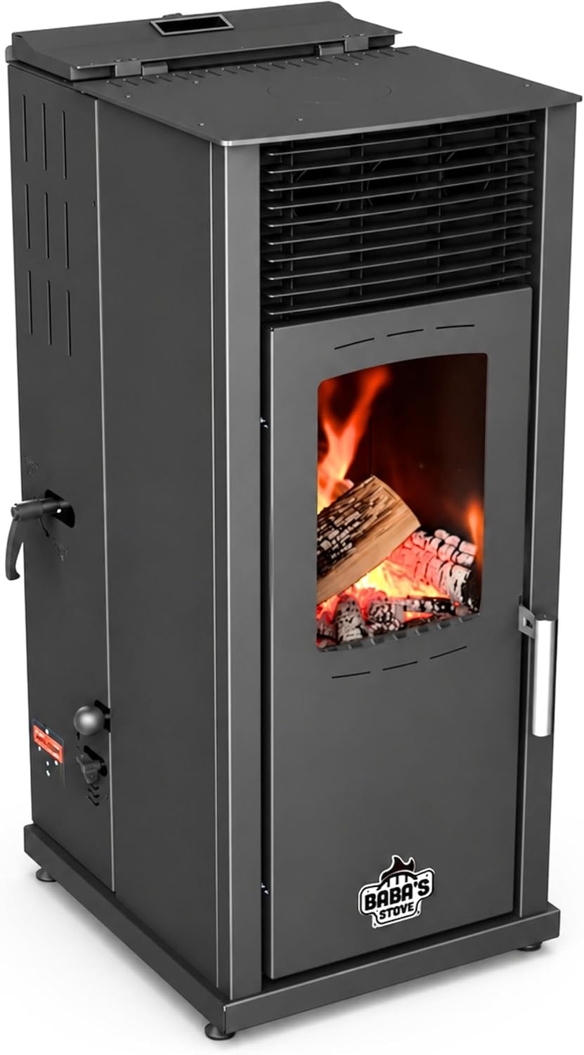 Baba's Stove Babas Eco Hybridofen Pellets und Holz Kombiofen Kaminofen 8 Tisch, 2 kg pro Stunde bei voller Leistung, 8 kW, Schwarz