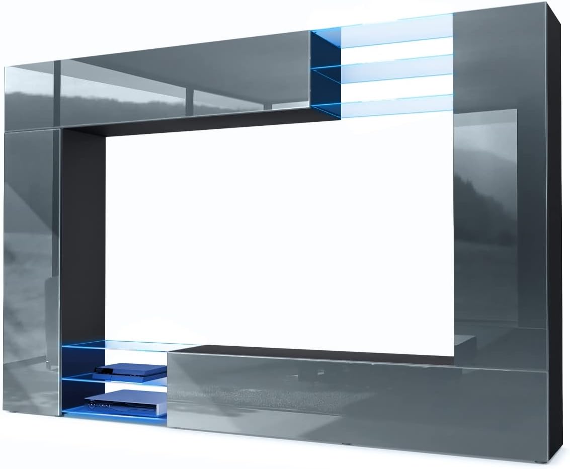 Vladon Wohnwand Mirage, Inkl. LED-Beleuchtung, 262 × 183 × 39 cm, Schwarz matt/Grau Hochglanz, Made in Germany, Anbauwand mit Rückwand mit 2 Türen