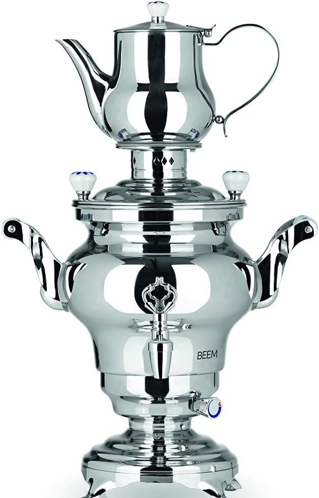BEEM 06127 Samowar Odessa III, 53 × 34 × 25 cm, Silber, Edelstahl, 3 Liter, Traditionelle Teezubereitung, 2 Heizspiralen, Energiesparend