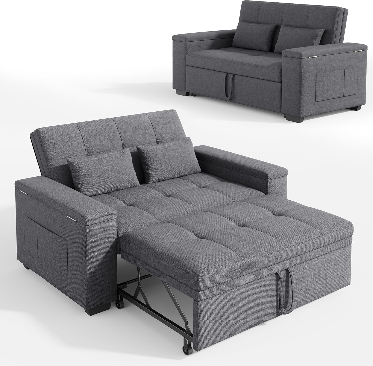 Xbro 3-in-1 Schlafsofa ausziehbar, 2-Sitzer Sofa mit Schlaffunktion, Verstellbare Rückenlehne, Leinenstoff mit 2 Kissen und Seitentaschen, Dunkelgrau