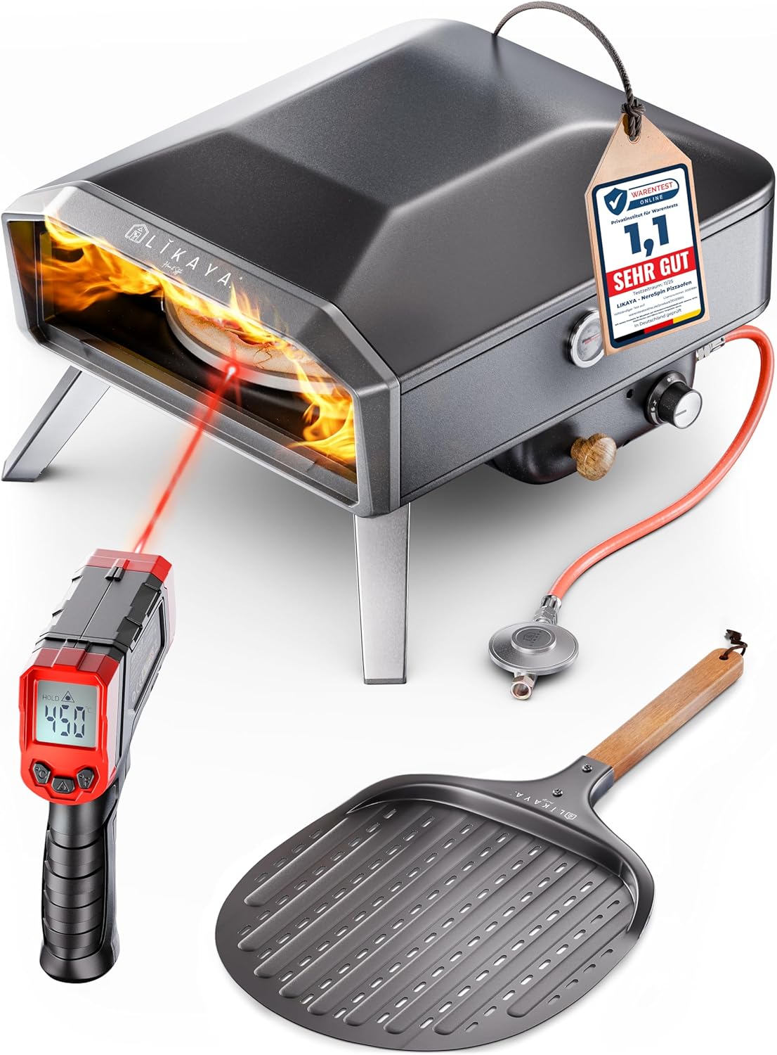 LIKAYA NeroSpin Pizzaofen Gas, 6,2 kW Outdoor Gas Pizzaofen 450 °C, Gas Pizza Ofen Outdoor mit Pizzastein Drehteller, Pizzaschaufel