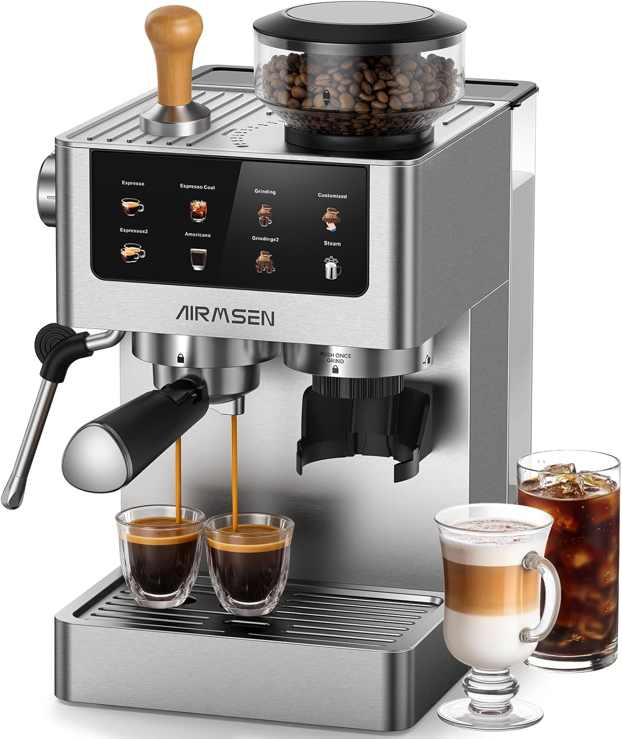 AIRMSEN 20 Bar Siebträgermaschine mit Kegelmahlwerk & Milchschäumer, 1.8 l Wassertank, Edelstahl Espressomaschine Kaffeemaschine für Americano