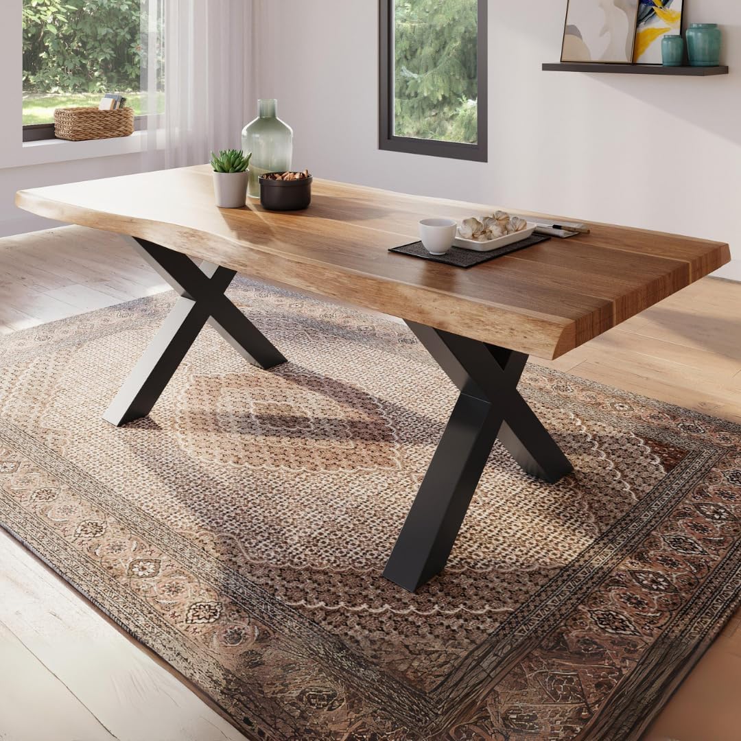 trelevo Esstisch Esszimmertisch 200 100 , 100 cm, Akazienholz massiv, Tischplatte naturfarben, echte Baumkante, X-Gestell schwarz, Baumkantentisch