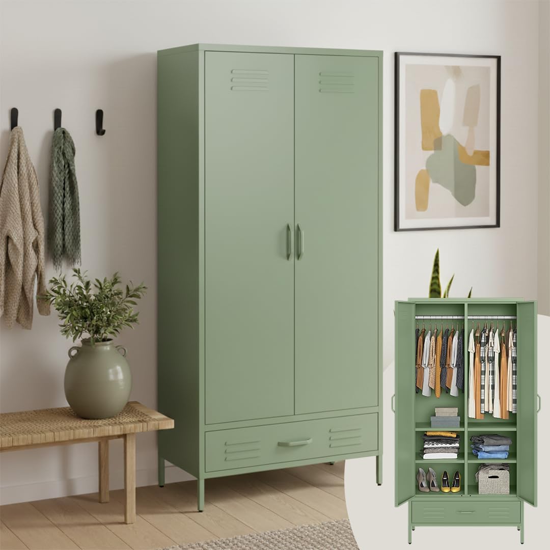 Skølm Atria Kleiderschrank Metall, Metallkleiderschrank 80 cm breit, Metallschrank mit 6 Fächern, 2 Kleiderstangen & 1 Schublade, Schlafzimmerschrank