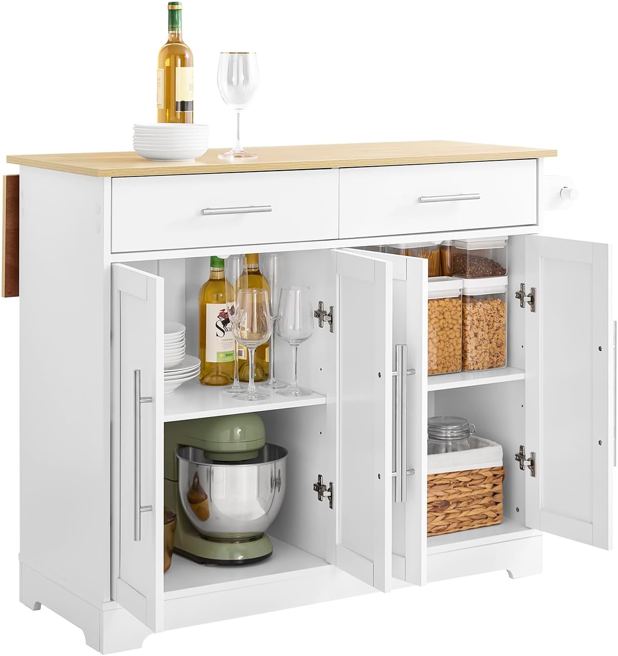 SoBuy Kücheninsel mit Rollen, Cm FKW129-WN, Servierwagen mit ausziehbarer Arbeitsplatte, 44–69