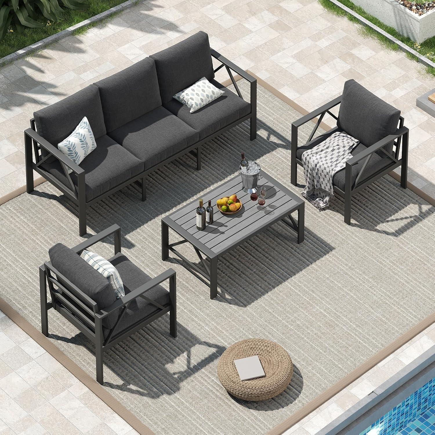 OMERAI Aluminium Gartenmöbel Set 4-tlg. für 5 Personen, Gartenlounge mit wasserdichter Schutzhülle, Outdoor Gartengarnitur für Garten, Dunkelgrau
