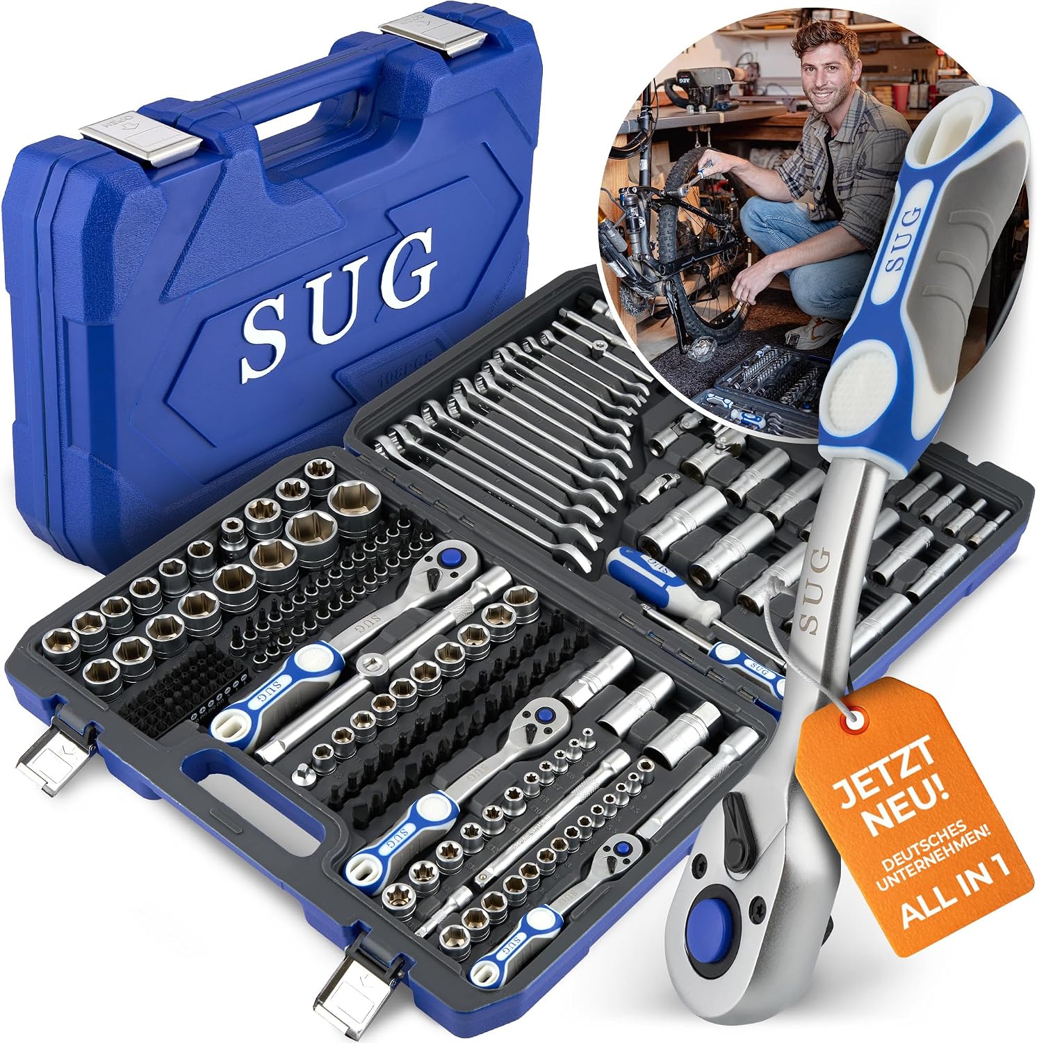 SUG Seyman Utensils Germany Werkzeugkoffer gefüllt 216-tlg, Profi Steckschlüsselsatz 1/2, 3/8 komplett bestückt, 1/4