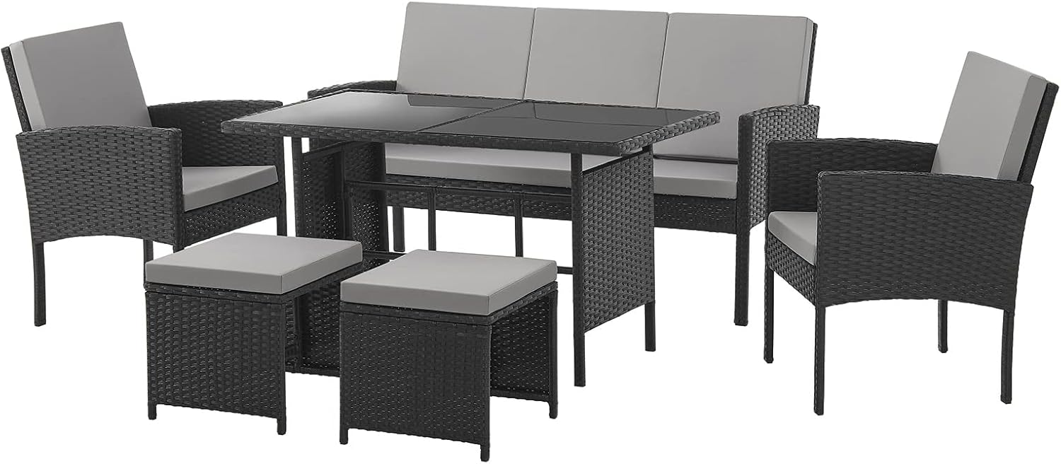 SVITA Denver Polyrattan Gartenmöbel Essgruppe, wetterbeständig, Lounge Esstisch Schwarz, Schwarz/Grau