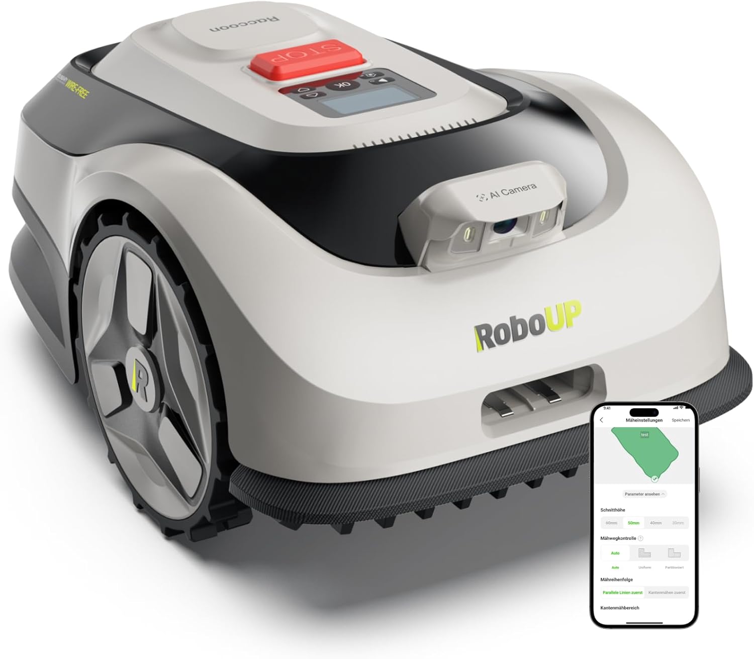 RoboUP Raccoon 2 SE Mähroboter, Max. 600m2 Rasenfläche, 3-8 cm Schnitthöhe, Intelligenter KI Rasenmäher Roboter mit 5 Ah-Schnellladen-Akku