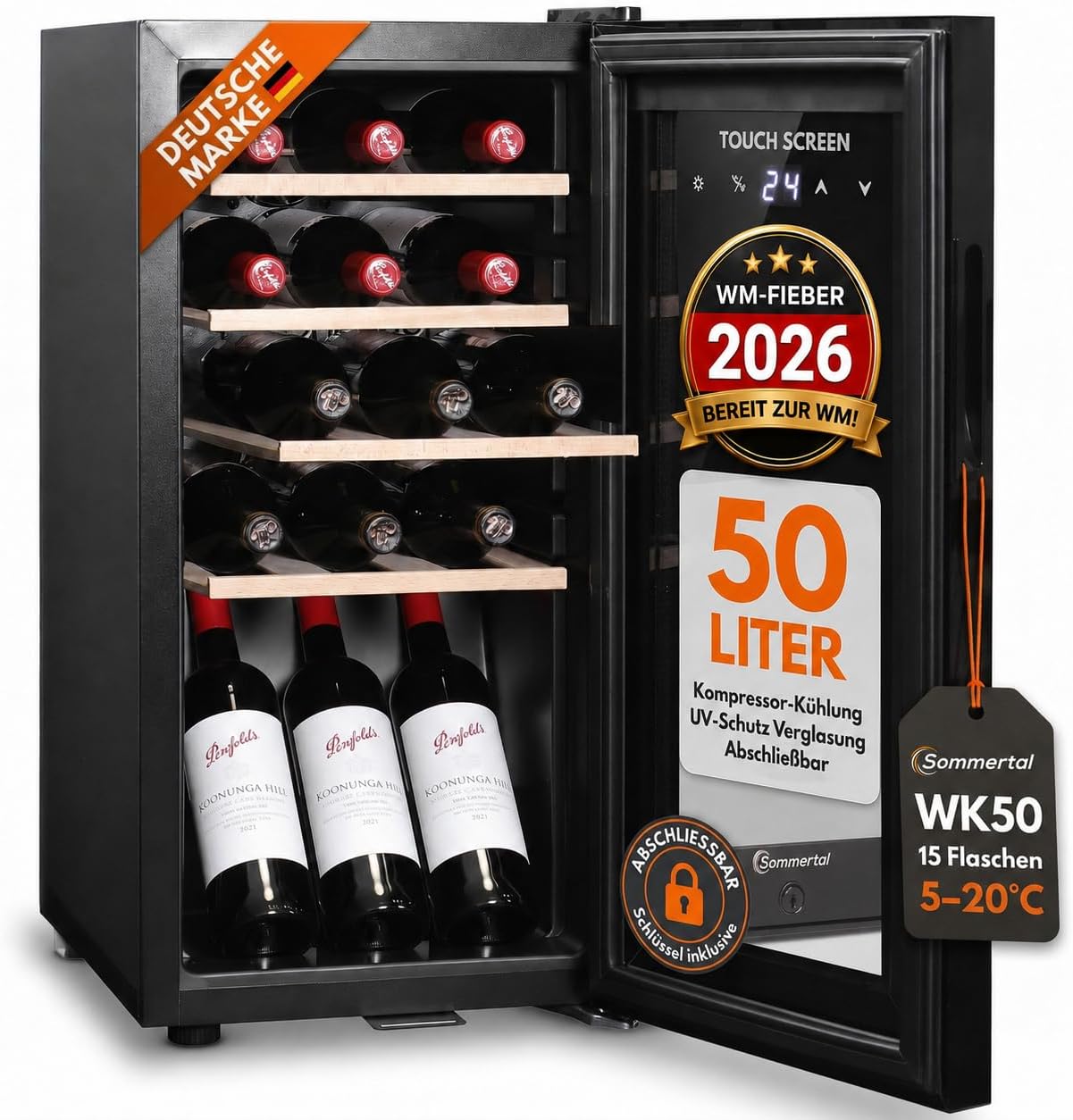 Sommertal Weinkühlschrank mit Glastür WK50, 15 Flaschen, 5–20C° einstellbar, Abschließbar, LED-Beleuchtung, 4 Holz-Einlegeböden, UV-Schutz Verglasung