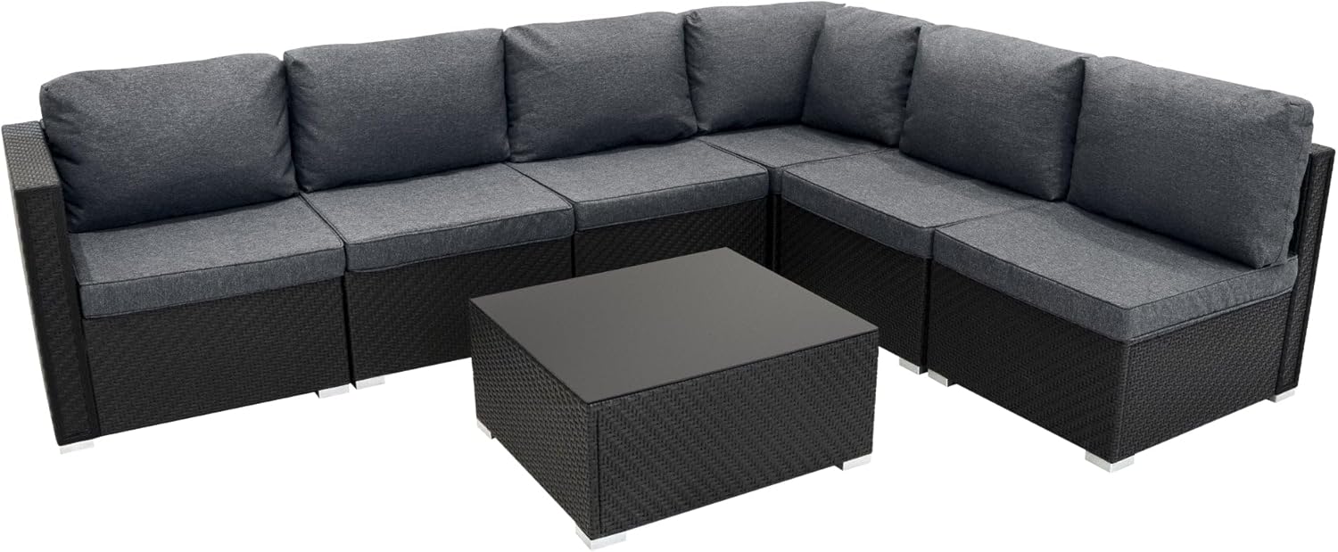 Monster Shop Rattan Modulares Gartenmöbel 7-teiliges Gartenmöbel-Set, 5-Sitzer Sofa, Polyrattan, für den Außenbereich, Eckstühle mit Kissen
