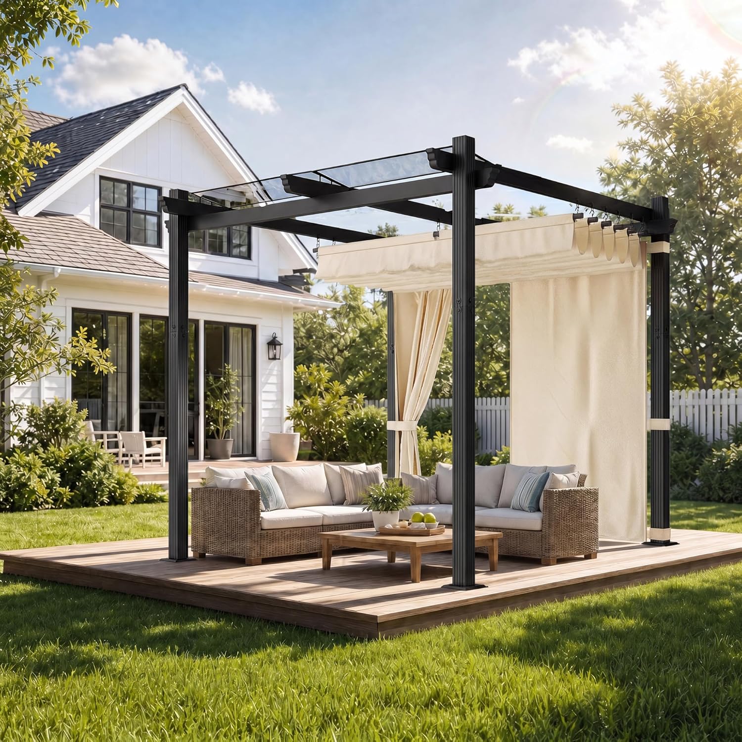 JUMMICO Aluminium Pergola Pavillon 3 × 3 m wasserdicht stabil Winterfest, Gartenpavillon mit Schiebedach & Seitenwand, Schützt vor Sonne, Langlebig