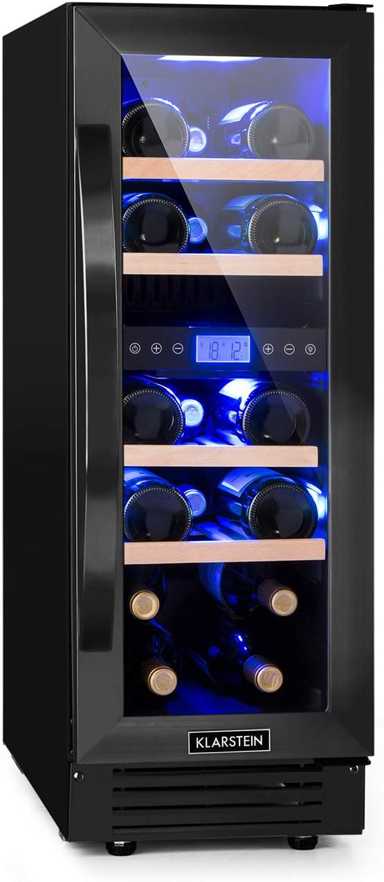 Klarstein Weinkühlschrank 2 Zonen, 53 l Getränkekühlschrank, Schwarz, Kleiner Einbau-Weinschrank Schmal, Wein-Kühlschrank mit Glastür