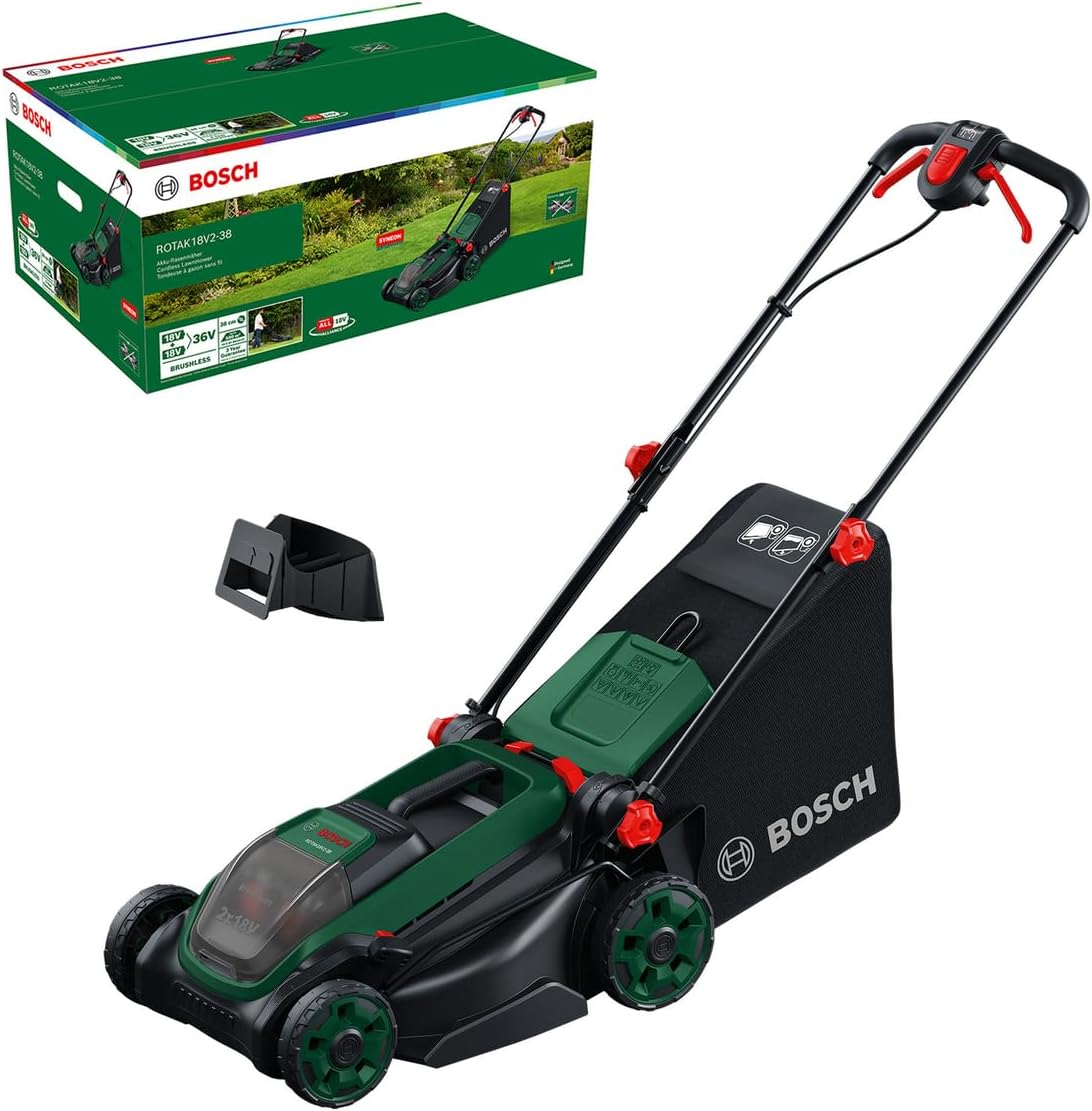 Bosch Akku-Rasenmäher ROTAK18V2-38, Ohne Akku, Schnittbreite: 38 cm, Schnitthöhe: 30-75 mm, 40 l Stoff-Grasfangkorb