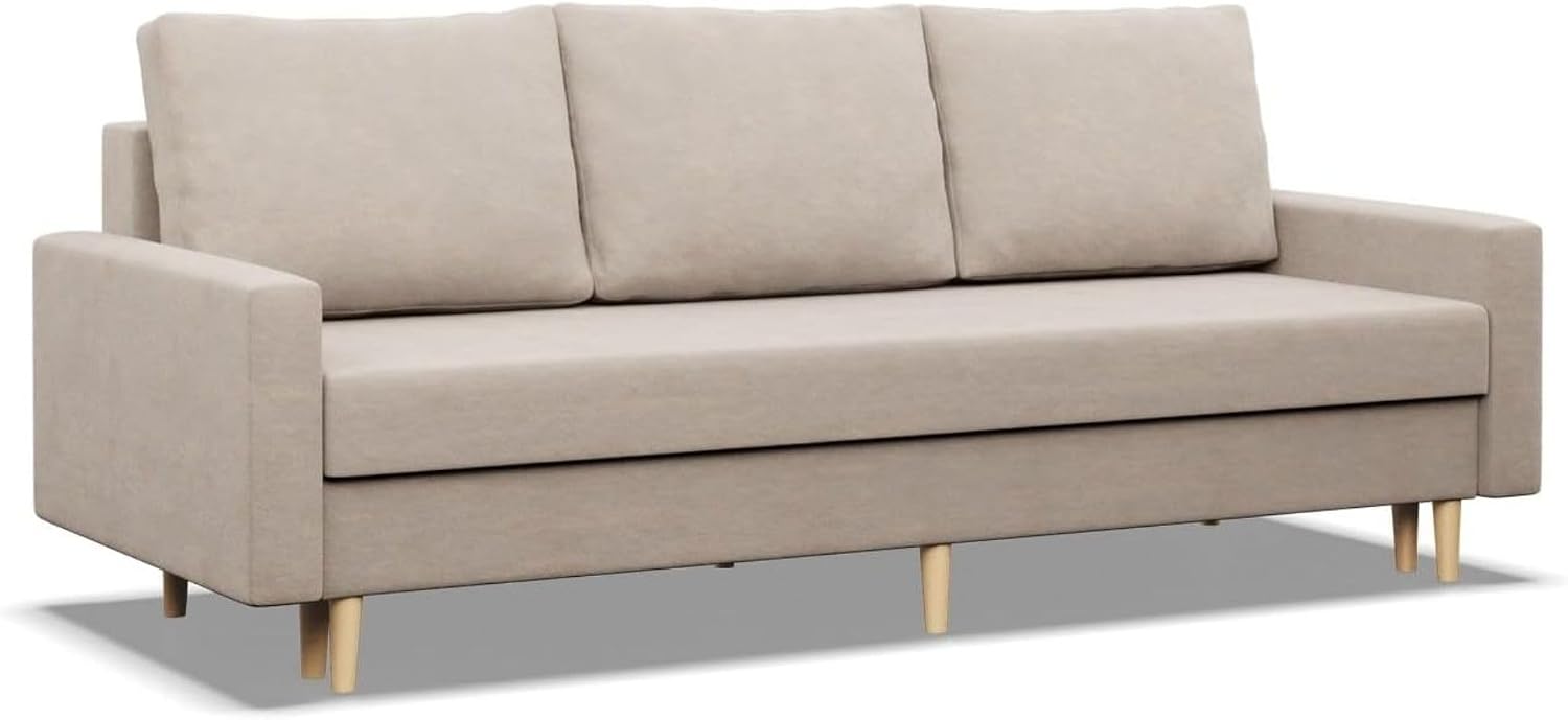 Mebligo, 3 Sitzer 212 cm Breit, Sofa Mit Schlaffunktion Und Bettkasten Blank, Schlafsofa Mit Bonellfederkern im Sitz, Ausziehbares Couch Auf Holzfüßen