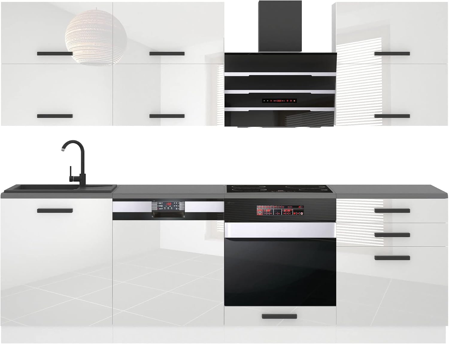 B BELINI GROUP Belini Küchenzeile Küchenblock Madison, 240 cm, Arbeitsplatten, Weiß Hochglanz, Weiß/Schwarz, Aluminium