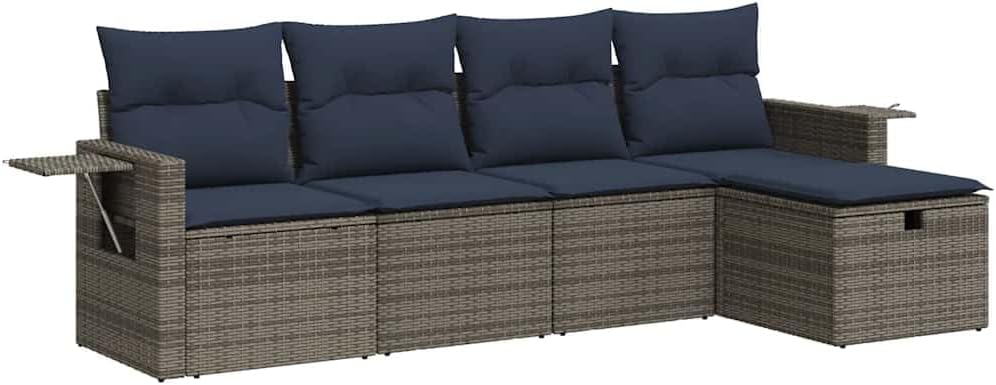 VidaXL 5-TLG. Garten-Sofagarnitur mit Kissen Grau Poly Rattan, Outdoor Sofa Set, Garten-Lounge-Set, Outdoor Sofagarnitur