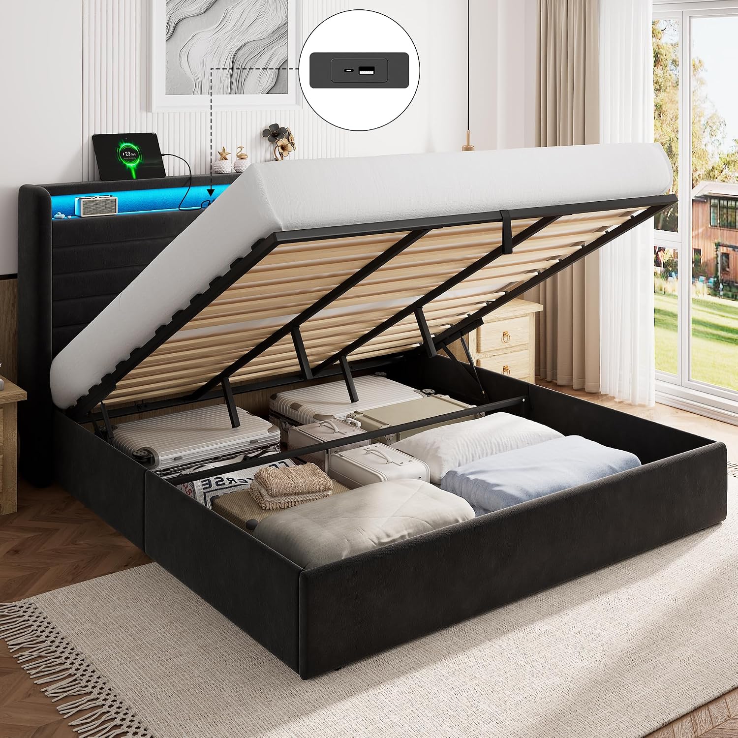 FEONASE Bett 180 × 200 mit Stauraum, Ohne Matratze, Polsterbett 180 × 200 cm mit LED-Beleuchtung & Ladestation, Lattenrost, Velous Dunkelgrau
