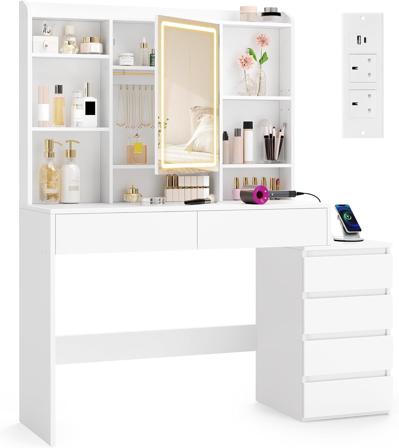 VASAGLE Kailyn Kollektion, 40 × 124,7 × 145 cm, Wolkenweiß RDT644WB01, Schminktisch mit LED-Beleuchtung, Frisiertisch mit Steckdosenleiste, Spiegel