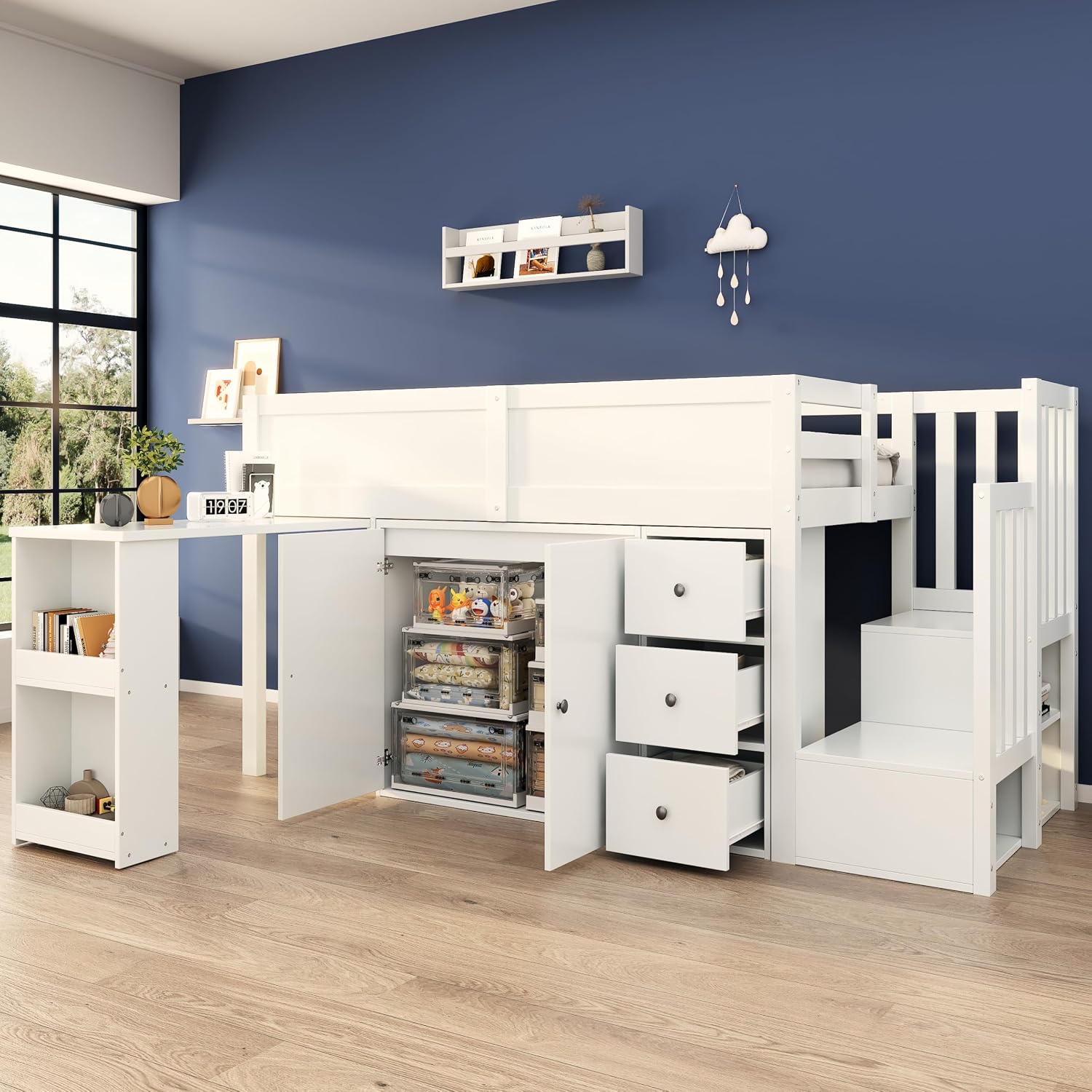 Merax Kinderbett Halbhochbett 90 × 200 cm, Ohne Matratze, Weiß/250 × 95 × 111 cm, Mit ausziehbarem Schreibtisch für Kinder&Schrank&Schubladen