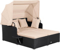 COSTWAY Sonnenliege Rattan für 2 Personen, Gartenliege mit Dach, Kissen & ausklappbaren Seitentischen, Sonneninsel, Sonnenbett, Loungebett für Garten