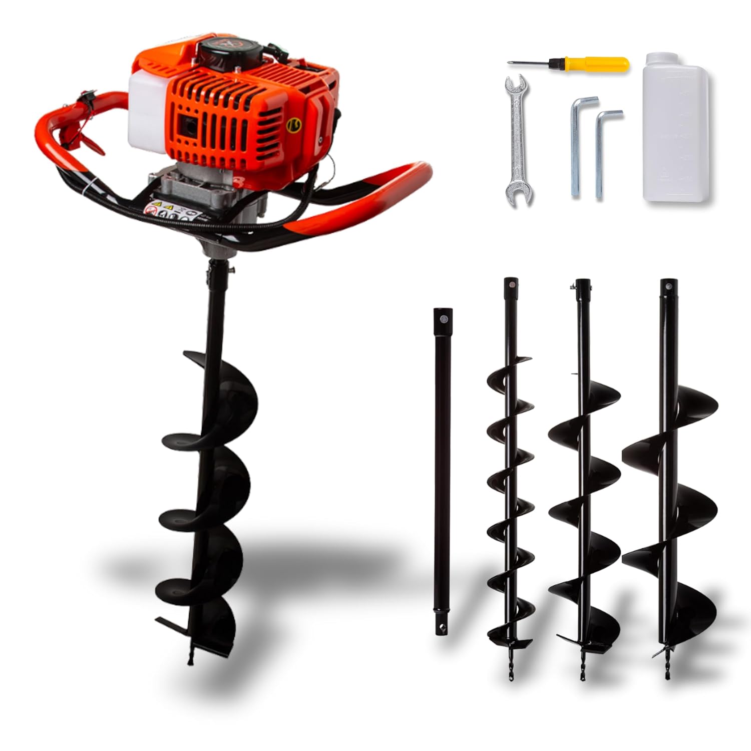 IMJ-Global, Ø 100 mm, 150 mm, 200 mm, Erdbohrer Benzin DEMON da 62cc, 5,2 PS mit 2-Takt-Motor, Benzin-Öl-Gemisch