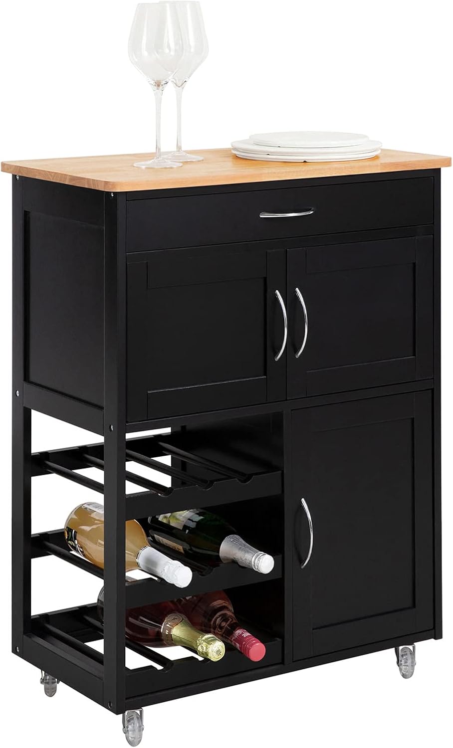 SoBuy Servierwagen mit Rollen Küchenwagen mit Arbeitsplatte Rollwagen mit Schubladen, Küche & Outdoor Schwarz 67 × 86 × 38 cm FKW45-SCH