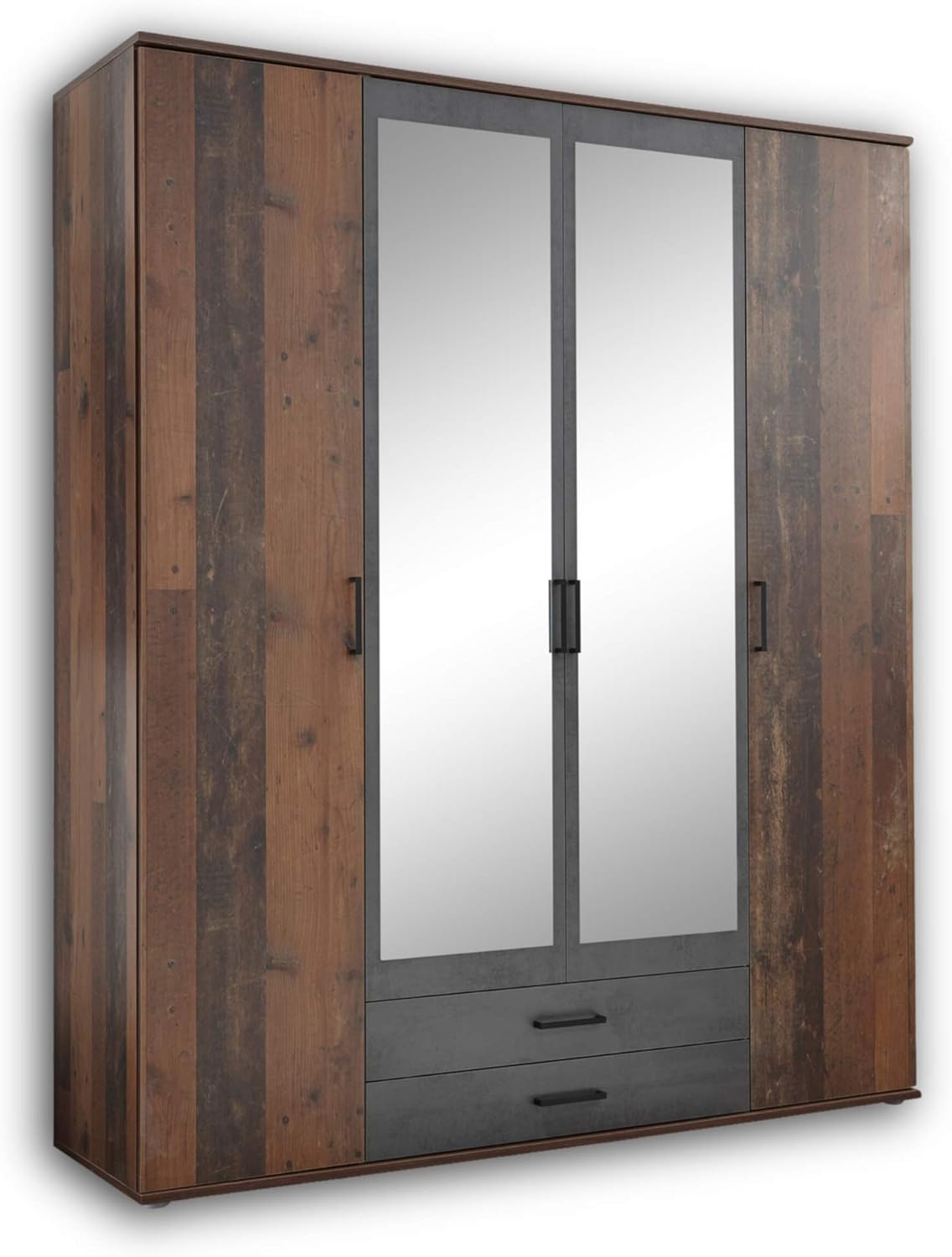Stella Trading CHICAGO Eleganter Kleiderschrank, 159 × 197 × 54 cm (B/H/T), Vielseitiger Drehtürenschrank in Old Style & Betonoxid Optik