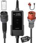 Dé Mobile Wallbox/Ladestation 22 kW Mit App 3-phasig, Ladekabel CEE 32A auf Typ 2 und EV Ladegerät für Model Y/3, 7m, MG4, EX30, 6-32A mit stromzähler