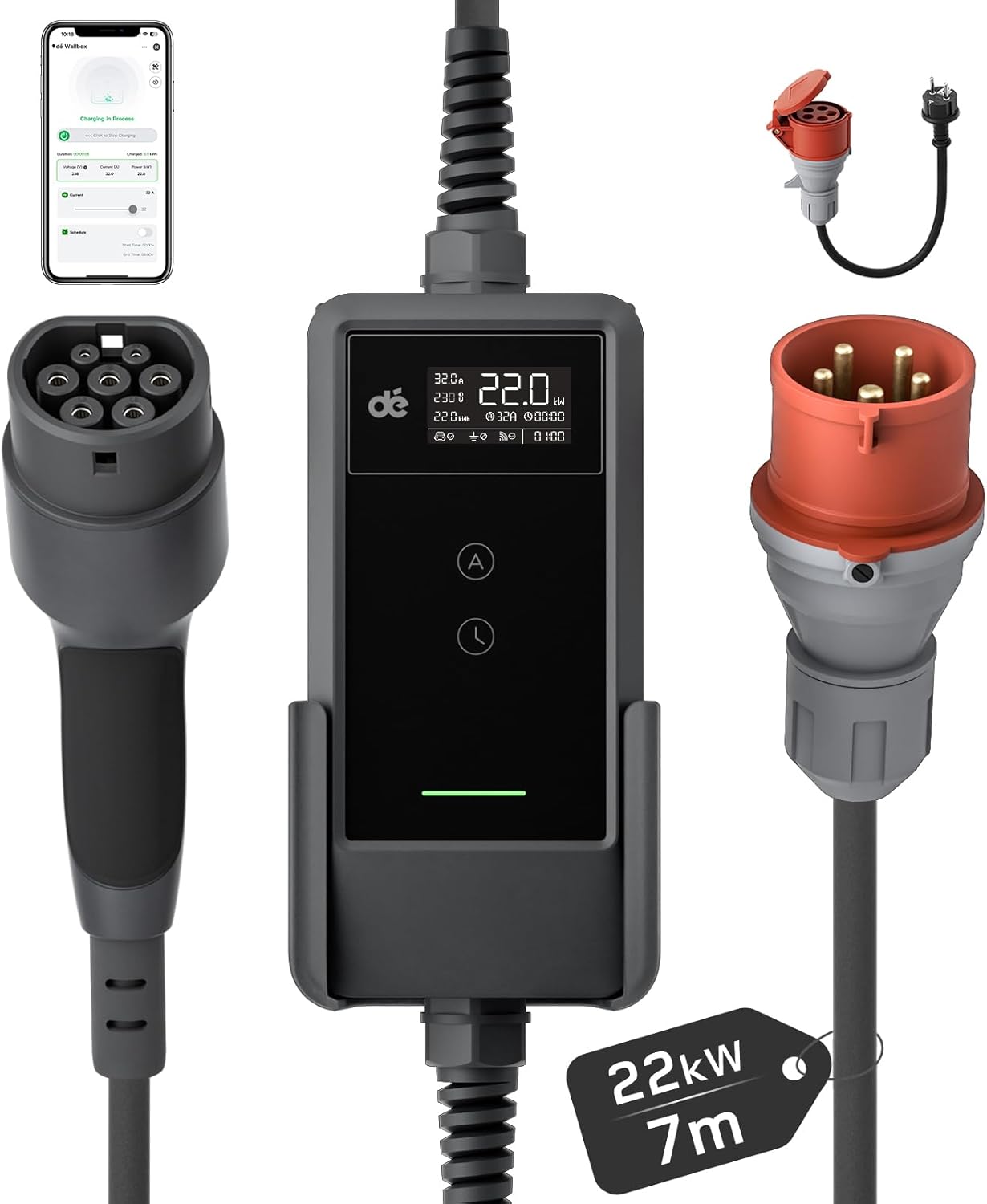 Dé Mobile Wallbox/Ladestation 22 kW Mit App 3-phasig, Ladekabel CEE 32A auf Typ 2 und EV Ladegerät für Model Y/3, 7m, MG4, EX30, 6-32A mit stromzähler