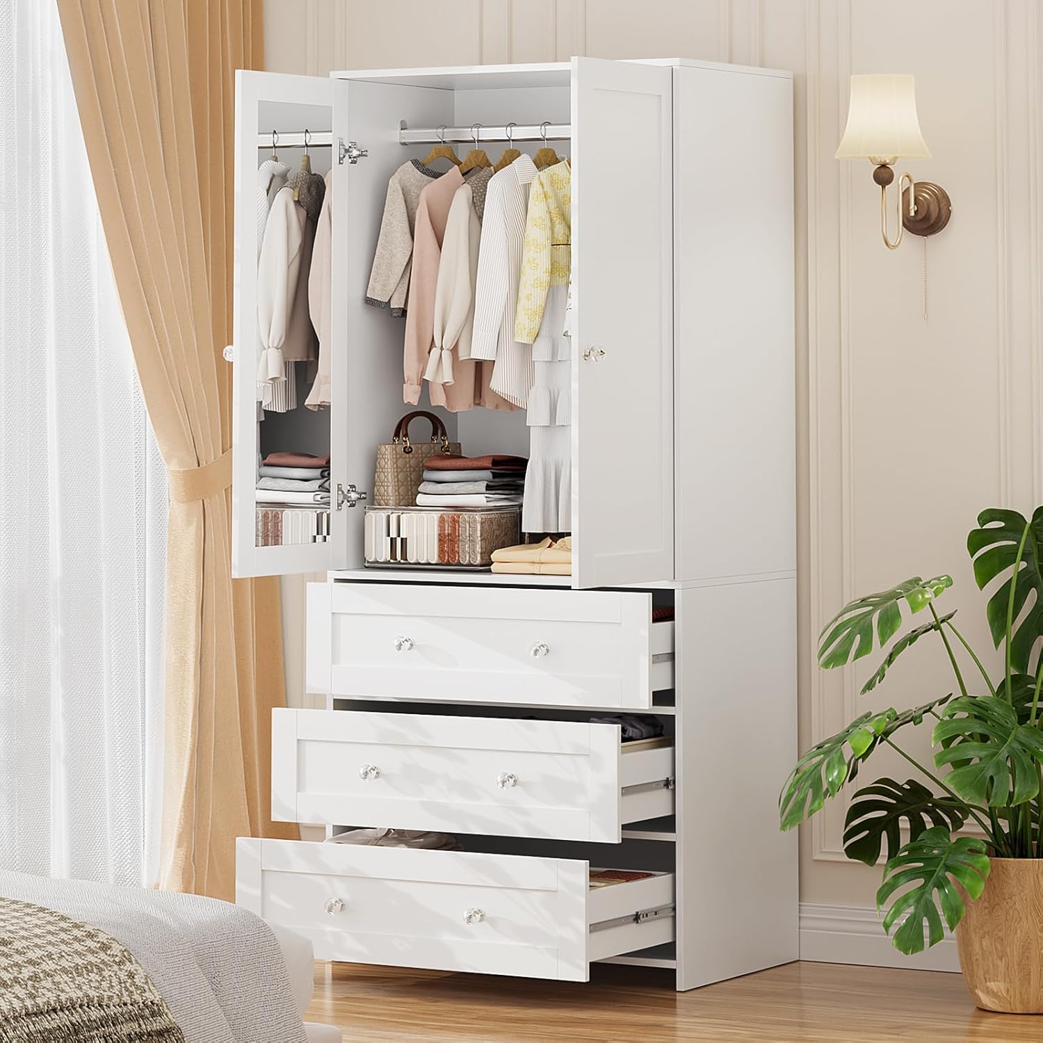 VOWNER Kleiderschrank, 80 × 180 × 48 cm, 2 Schrank, Garderobenschrank mit viel Stauraum, Vielseitiger Schwebetürenschrank mit 3 Schubladen, Weiß