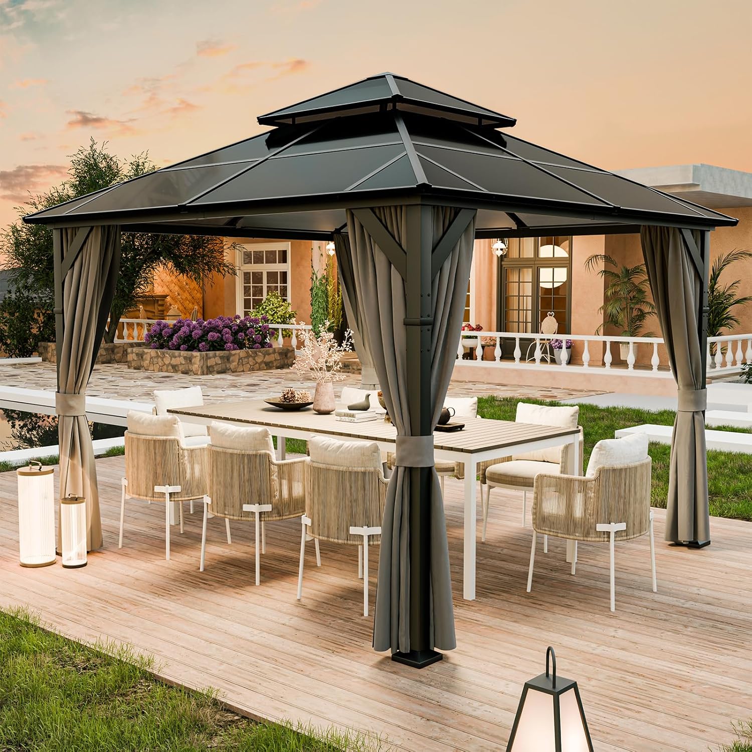 UDPATIO 3 × 3 m Pavillon Polycarbonat mit Vorhängen, Grau