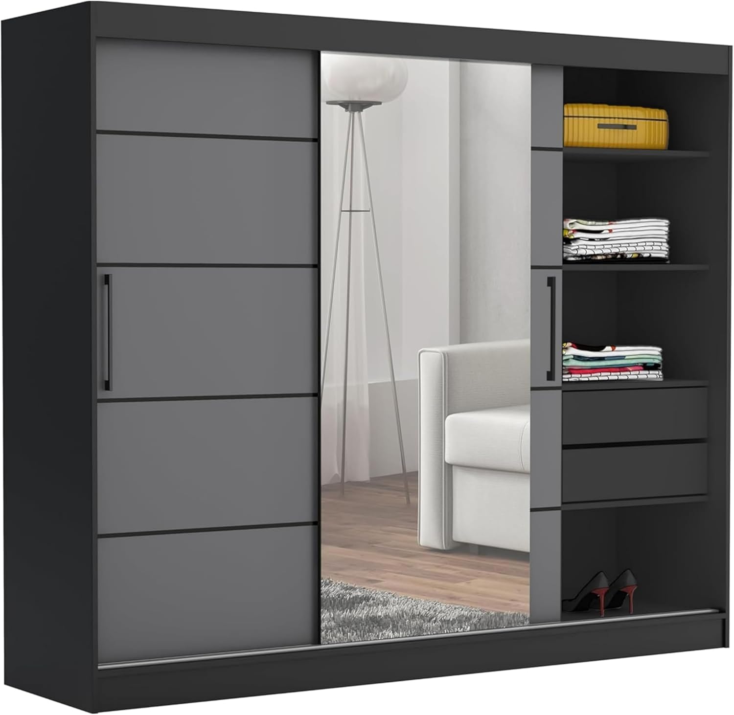 Brent, Kleiderschrank mit Spiegel und Schubladen 235 cm Breit Chelsea Tomy, Kleiderschrank Schwarz/Grau, Schwebetürenschrank mit Spiegel