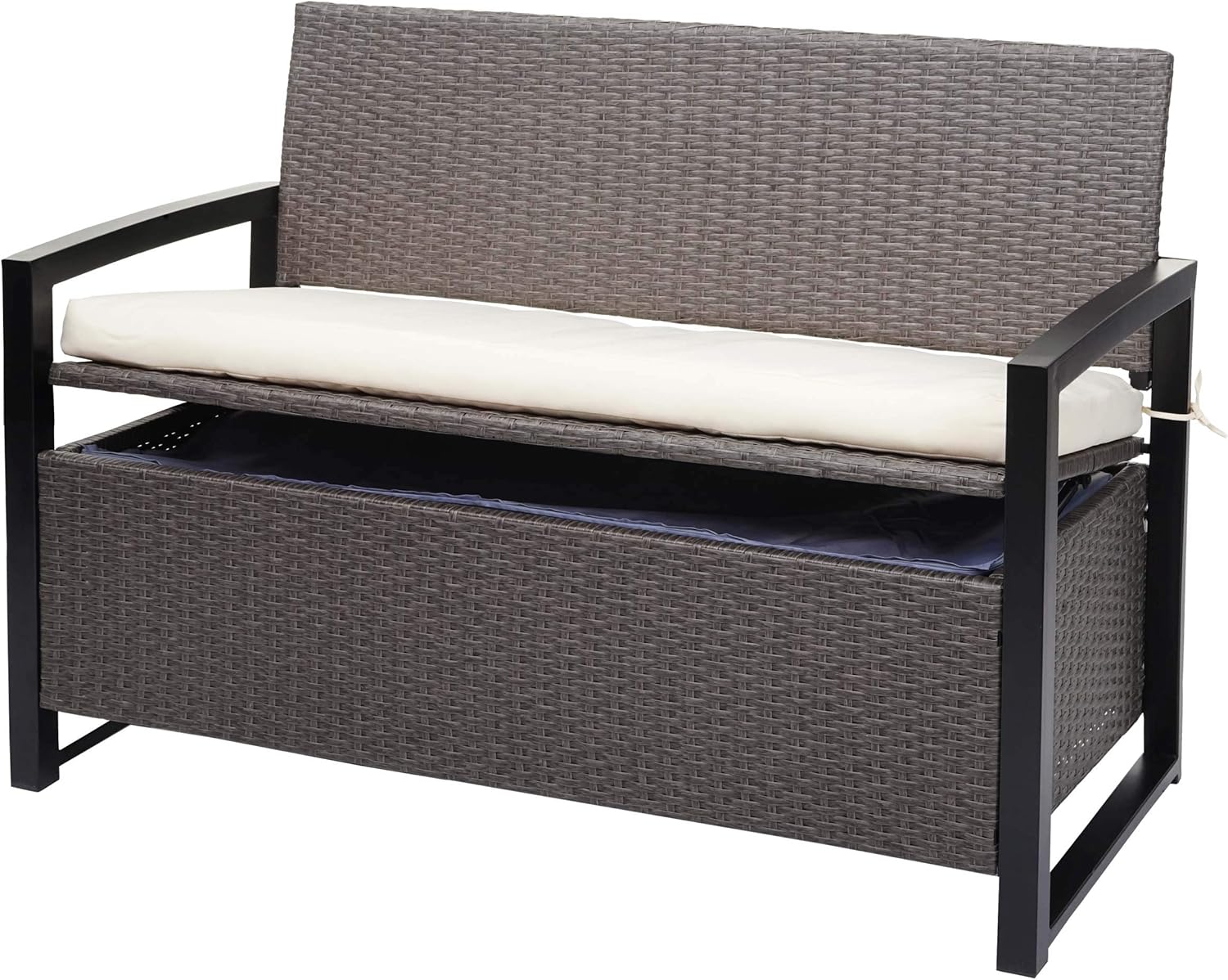 Mendler Poly-Rattan 2er Sitzbank HWC-F39AM, Grau-meliert, Gartenbank Truhenbank, Staufach Aufbewahrung Sitzkissen, Kissen Creme