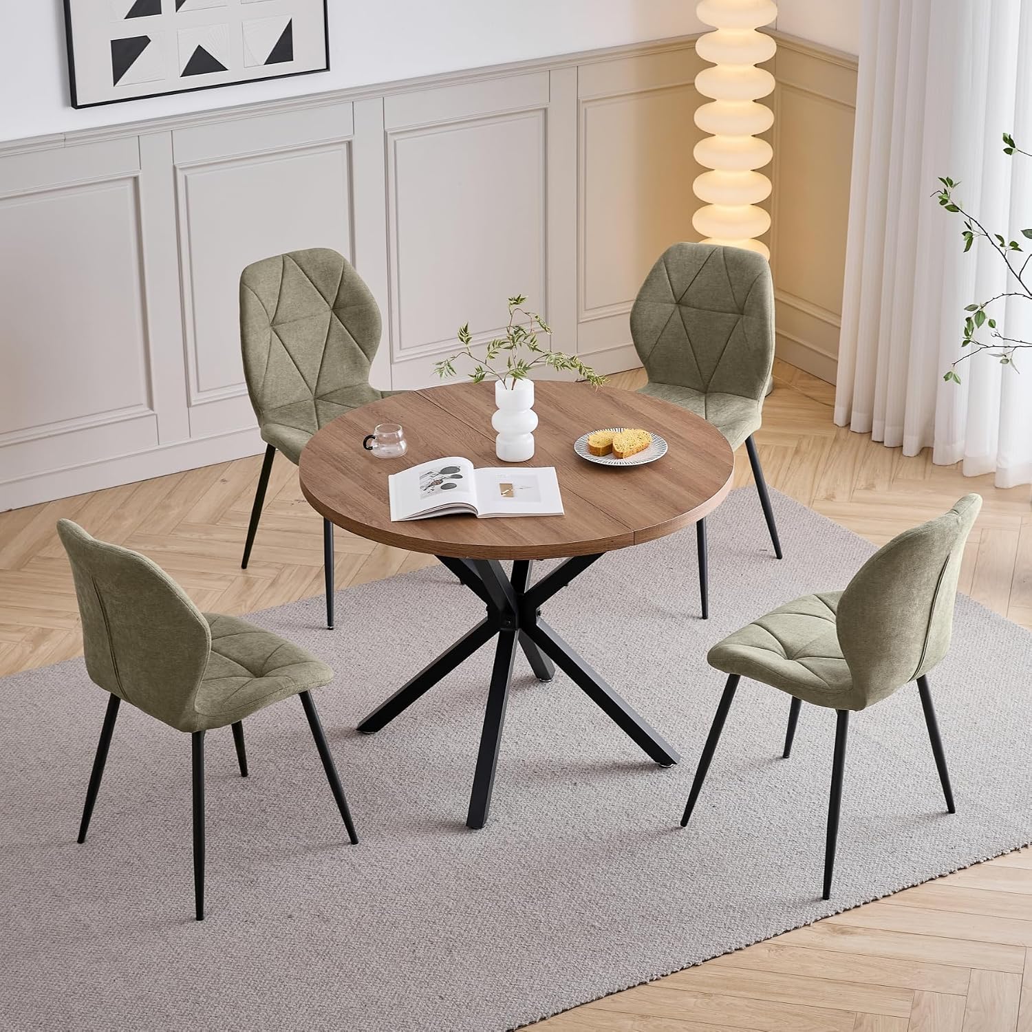 HJhomeheart Esstisch und Stuhlset, und Stuhlset, 100 cm Runder, 100 cm Runder Esstisch und 4 Moderne Leinenstühle, für Esszimmer, Braun/Schwarz/Grün
