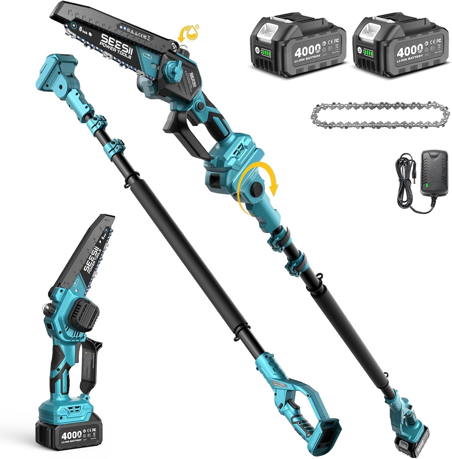 SEESII 2-in-1 Akku Hochentaster, Kompatible mit Makita Akku 18 V, 6-Zoll Bürstenlose Mini-Kettensäge mit 2 × 4000 mAh Batterien, 4.87m Reichweite