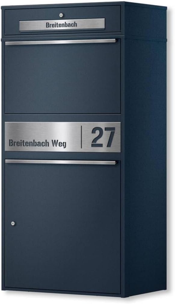 Metzler Paketbox draußen groß XXL, Briefkasten mit Paketfach in Anthrazit RAL7016, Personalisiert Edelstahl Namensschild Gravur, Rostfrei, Bispo Max 2