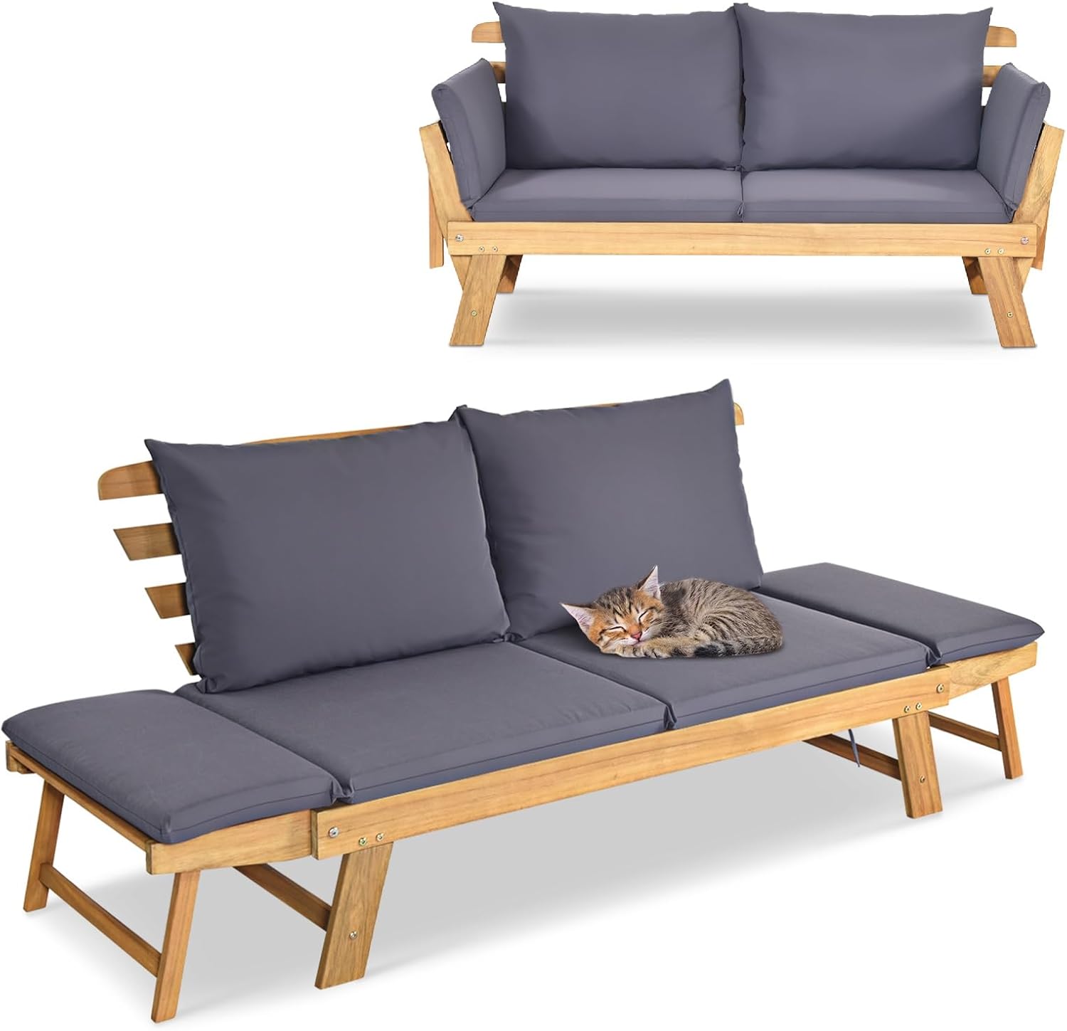 GIANTEX Gartenbank mit Liegefunktion, Gartensofa mit klappbaren Seitenlehnen, Balkonbank mit Auflagen, Sitzbank Outdoor aus Akazienholz, 3-in-1-Design