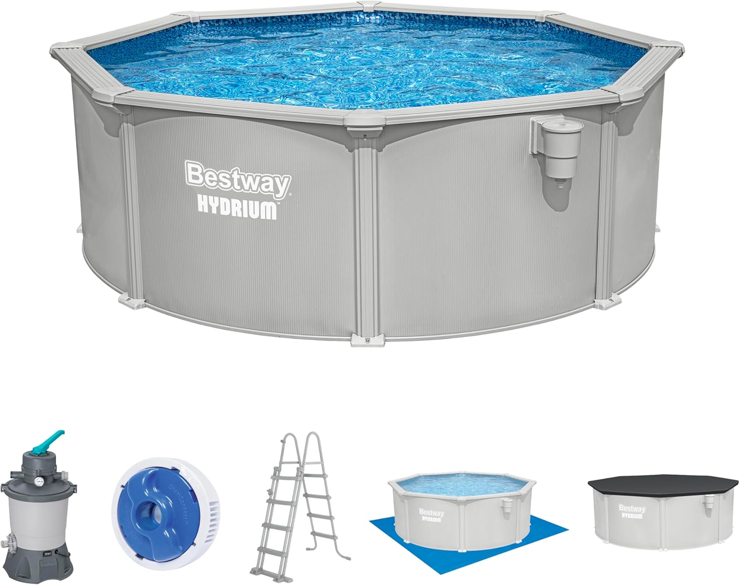 Bestway Hydrium Stahlwandpool Komplett-Set rund 366 × 122 cm Granitgrau Gartenpool Aufstellpool mit Sandfilteranlage