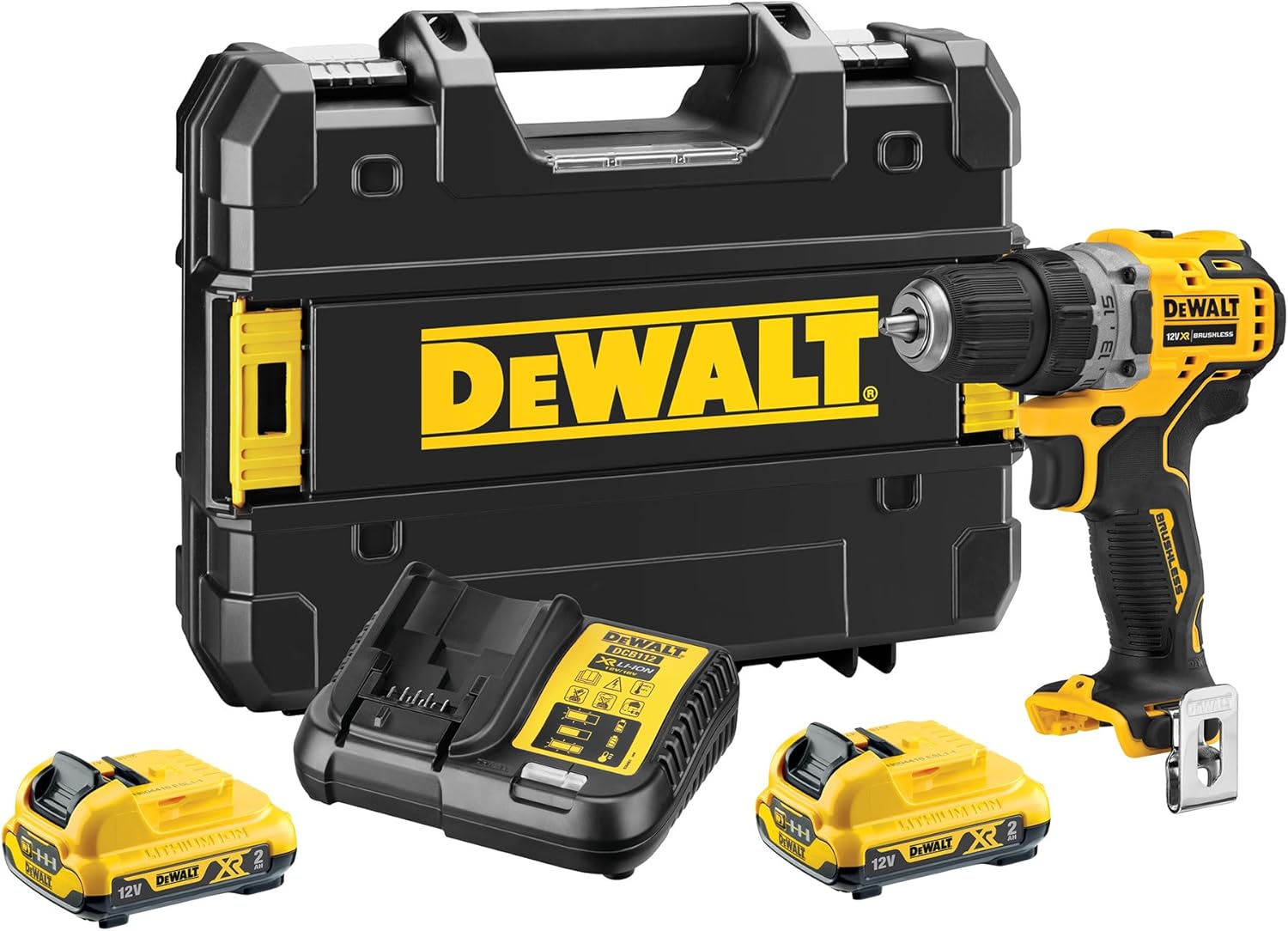 DEWALT 12 Volt XR bürstenloser Akku-Bohrschrauber, Inkl. 2 × 2 Ah Li-Ion Akkus, DCD701D2-QW, 2A Ladegerät, Gürtelclip, T-STAK Box