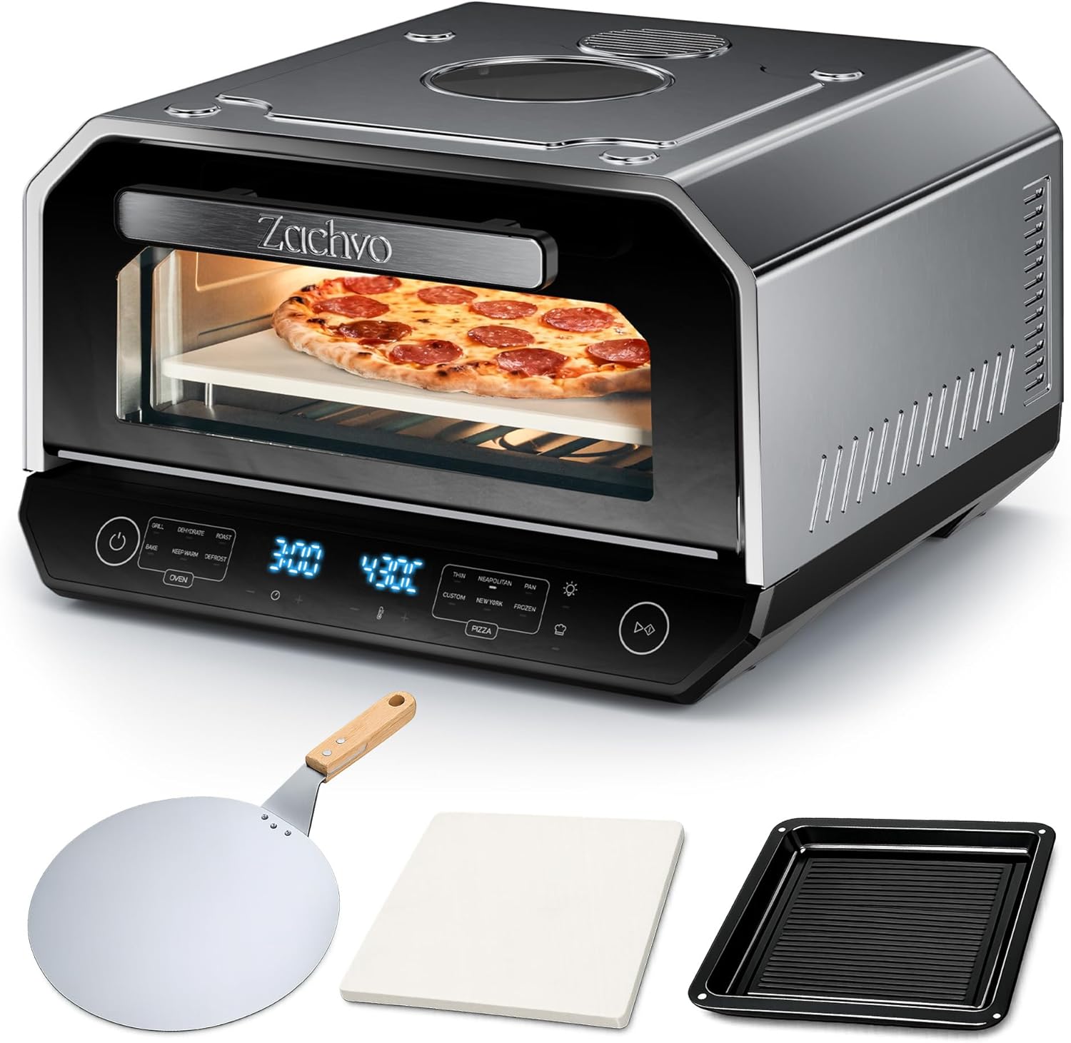 ZACHVO Pizzaofen Elektrisch 450°C Grill, Neapolitanische Pizza in 90 Sek, 6 Programme & 6 Kochmodi, Sichtfenster & Innenbeleuchtung, Silber